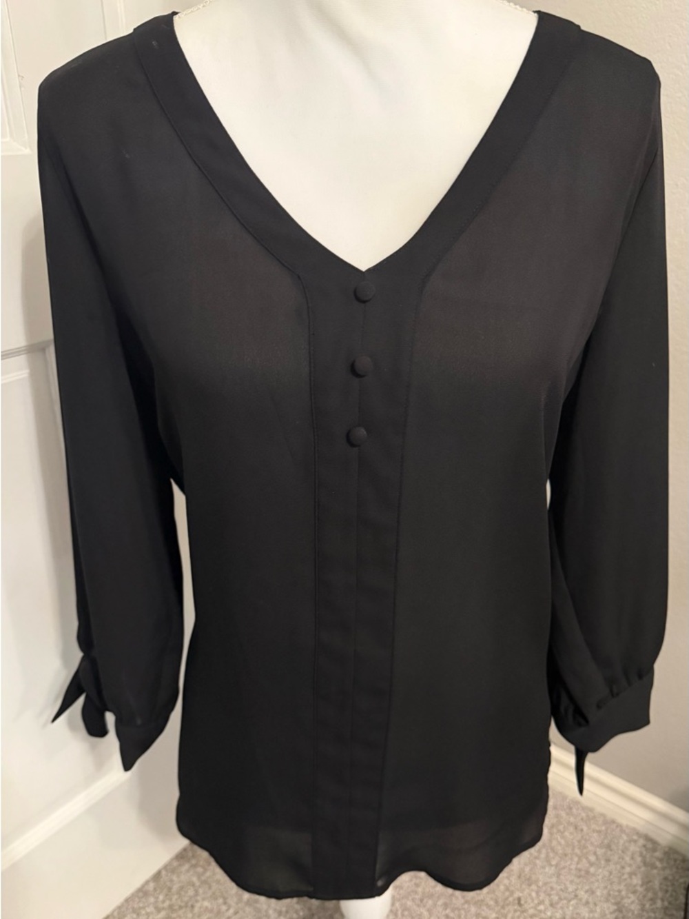 Women’s Black V-Neck Button-Front Blouse